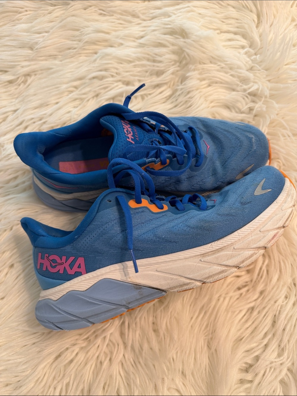 Hoka Blue Running Shoes with Pink Logo and Orange Accents in fair/ good condi